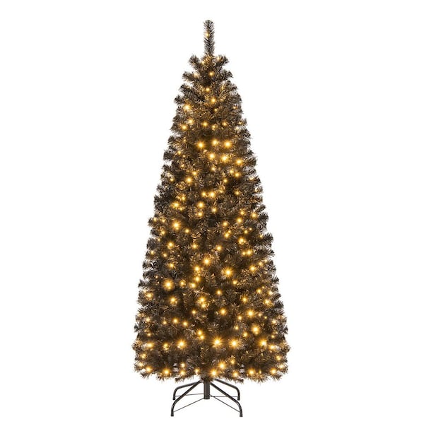 Costway 6 ft. Pre-Lit LED Slim PVC Artificial Christmas Tree Black with 300 Warm White Lights