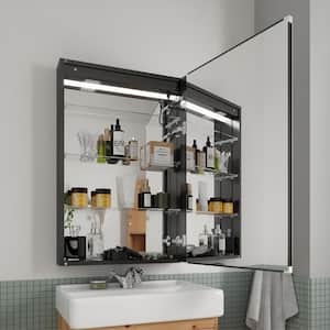 24 in. W x 36 in. H Rectangular Black Aluminum Recessed/Surface Mount Right Dimmable Medicine Cabinet with Mirror