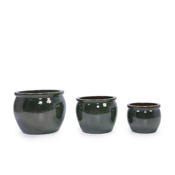 3-Pieces Handcraft Ceramic Flowerpot, Modern Planter for Patio, Garden or Windowsills, Antique Green