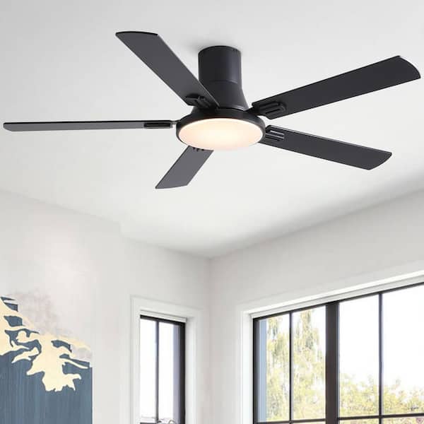 Thalion 52 in. Indoor/Outdoor Matte Black Integrated LED Flush Mount Ceiling Fan With Remote and Dual-Finish Blades