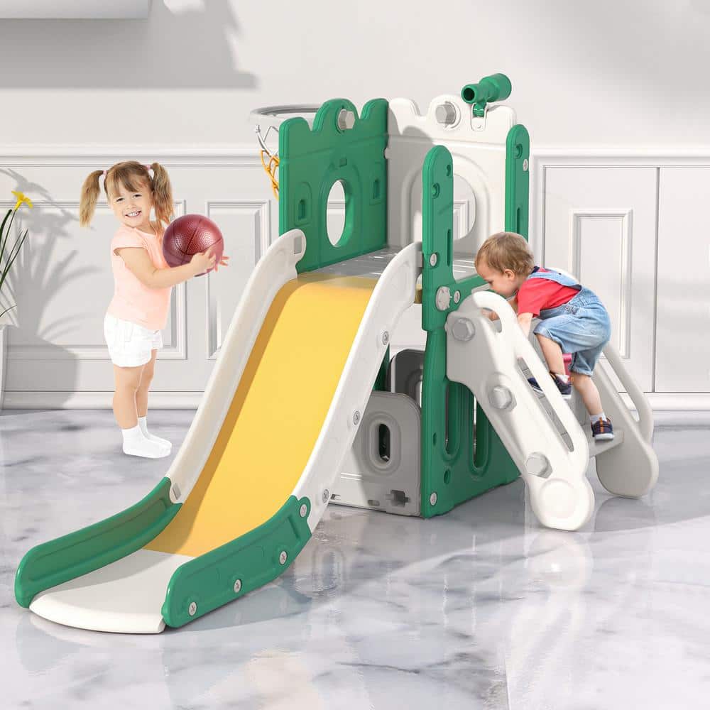 Green and Yellow L-Shaped 7-in-1 Toddler Slide with Basketball Hoop