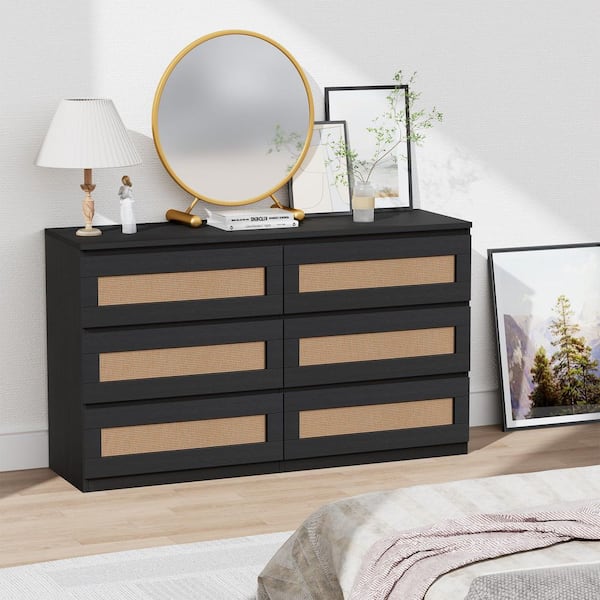 Garvee Modern Rattan Dresser, 6 Drawer Double Dresser, MDF Wood, Anti-Tip Kit, Chest of Drawers Smooth Metal Rails, Black PHO_13AD2YO0-YXY - The Home Depot Garvee Modern Rattan Dresser, 6 Drawer Double Dresser, MDF Wood, Anti-Tip Kit, Chest of Drawers Smooth Metal Rails, Black PHO_13AD2YO0-YXY - The Home Depot