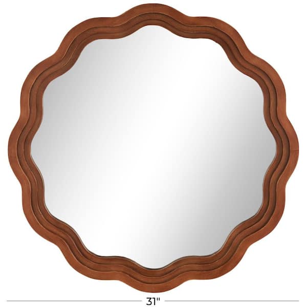 Litton Lane 31 in. x 31 in. Round Handmade Brown Wall Mirror with Wavy Dimensional Carved Frame