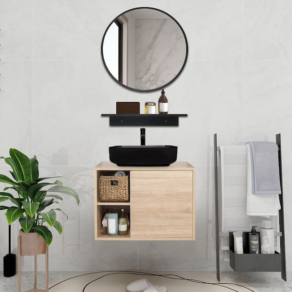 24 in. W x 19 in. D x17 in. H Single Sink Burlywood Bath Vanity with Black Rectangular Solid Surface Top Sink and Mirror