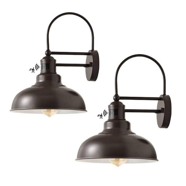 HKMGT 15.7 in. Gooseneck Caramel and White Motion Sensing Outdoor Hardwired Barn Light Sconce with No Bulbs Included (2-Pack)