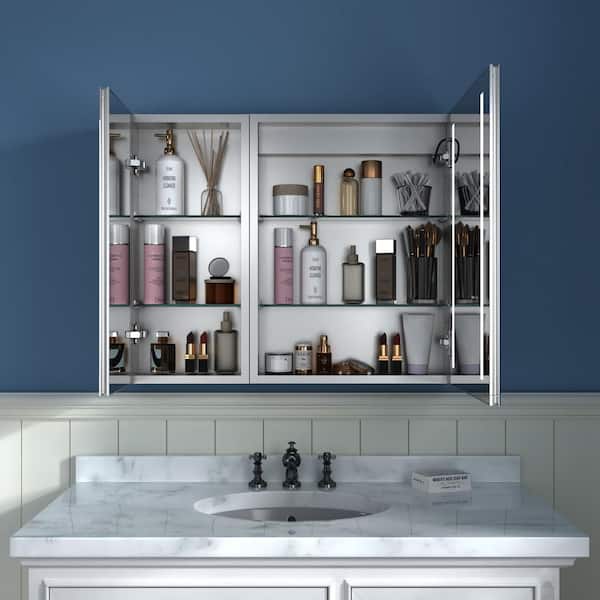 32 in. W x 26 in. H Rectangular Silver Aluminum Recessed/Surface Mount Medicine Cabinet with Mirror and LED