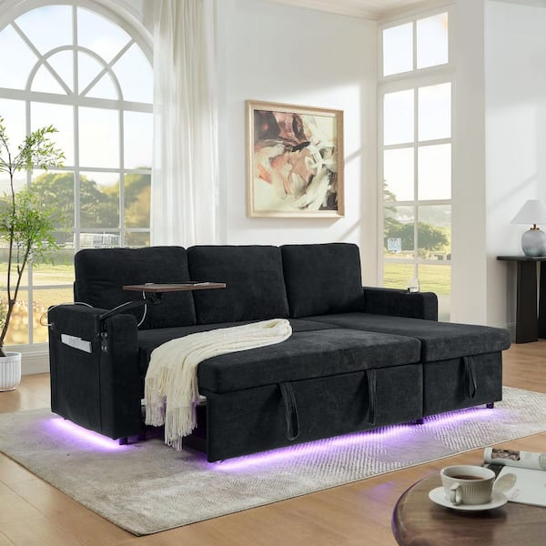 Modern 85 in. Black Chenille 3-Seater Sofa Bed，Retractable Table and LED Lighting, USB Charging Ports and Cup Holders