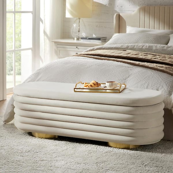 JAYDEN CREATION Zebulon Tan 54 in. Velvet Upholstered Accent Storage Bedroom Bench