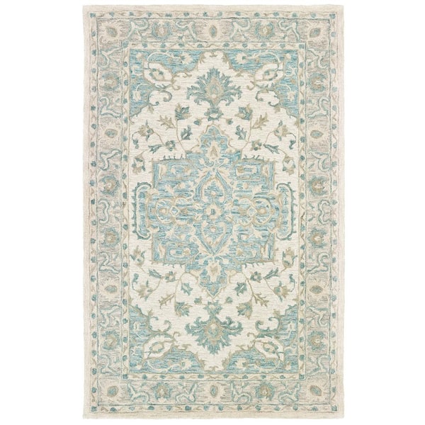 Unbranded Turquoise Gray 7 ft. 9 in. x 9 ft. 9 in. Hand-Tufted Wool Medallion Indoor Area Rug