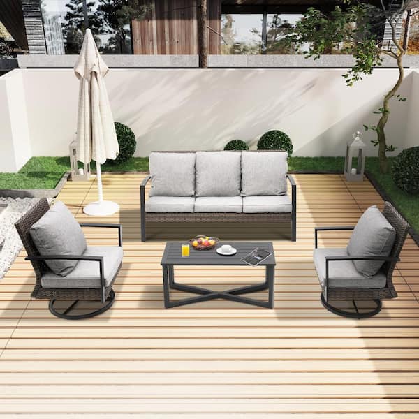 5-Person Outdoor Wicker Patio Conversation Seating Set with Gray Cushions and Coffee Table