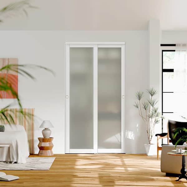 TENONER 48 in. x 80 in. Solid Core, White MDF Double Slide, Frosted Glass, 1-Lite Sliding Door with Handle & All Hardware