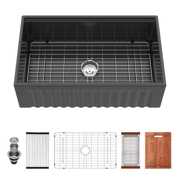 33 in. Farmhouse Single Bowl 16 Gauge Matte Black Ceramic Kitchen Sink with Cutting Board, Basket Strainer and Colander