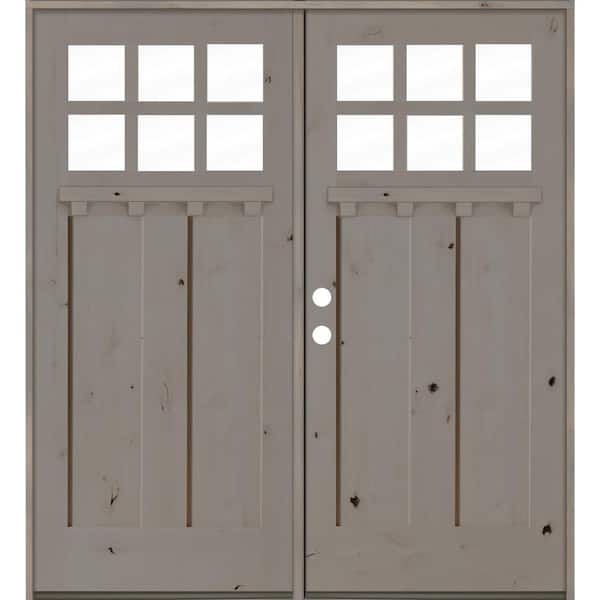 Krosswood Doors 72 in. x 80 in. Craftsman Right-Hand Active 6-Lite Clear Glass Grey Stain/Dentil Shelf Double Wood Prehung Front Door