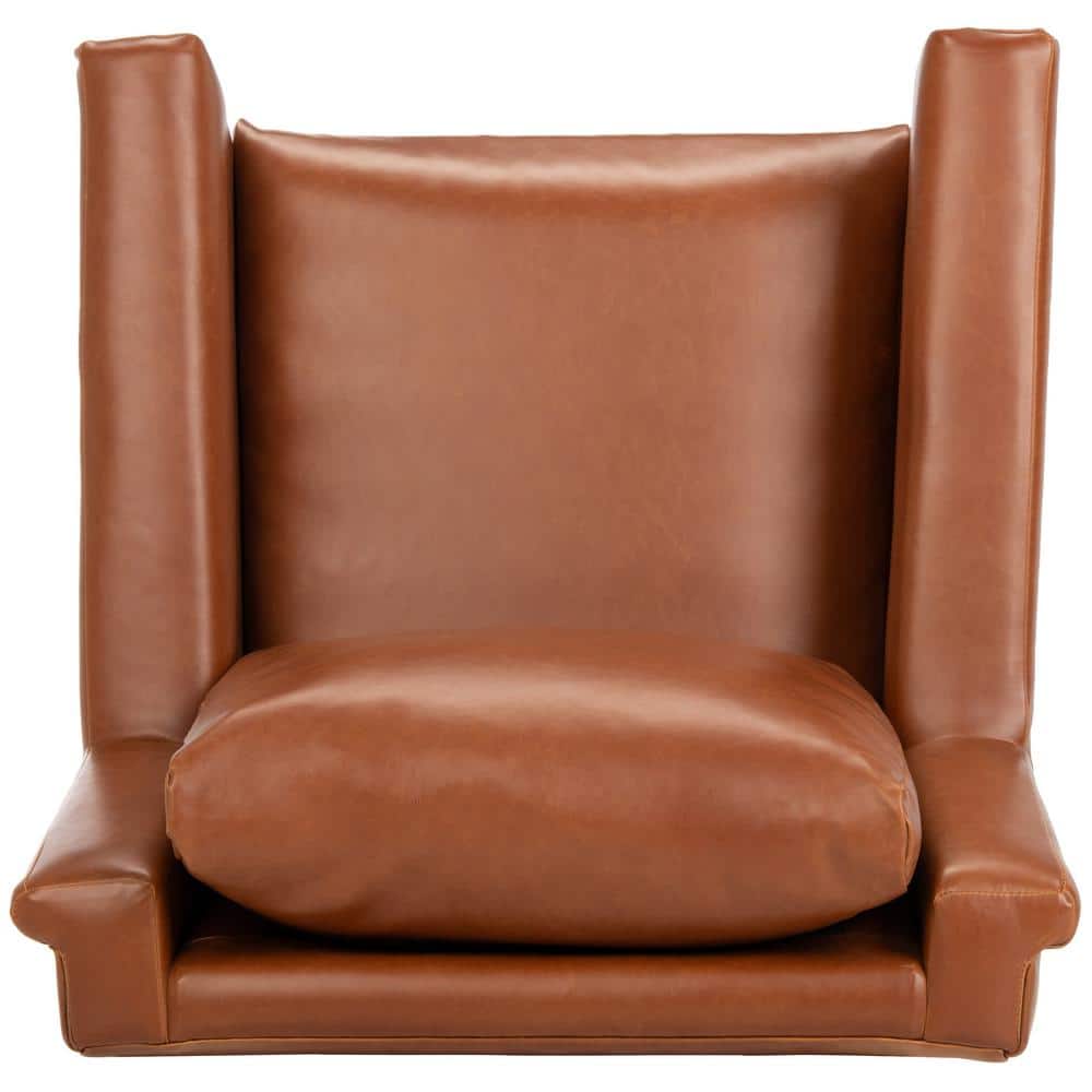 Cognac Faux Leather and Wood Mid-Century Accent Chair