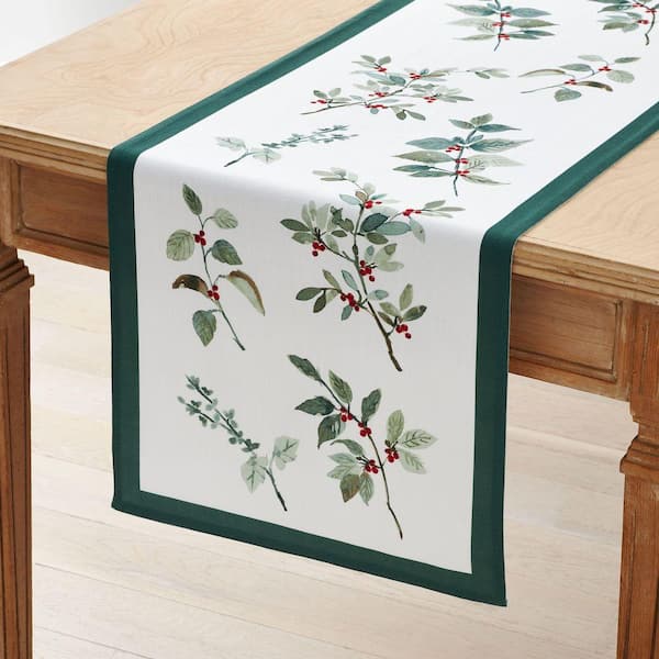 Company Cotton Floral Berry 16 in. W x 90 in. L Green Seasonal Cotton Table Runner