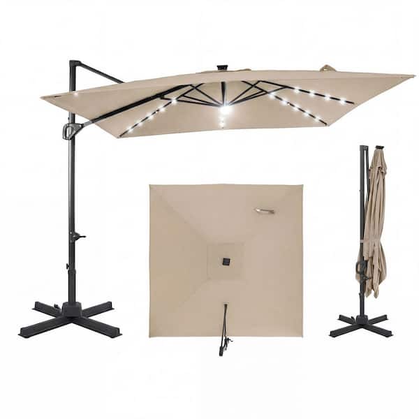 10 ft. Cantilever Patio Umbrella in Beige with Solar LED Lights, Crank Lift, Sun Protective