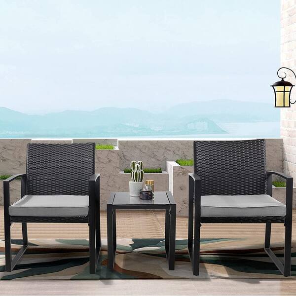 Suncrown Black 3-Piece Wicker Outdoor Bistro Set with Gray Cushion - image 3