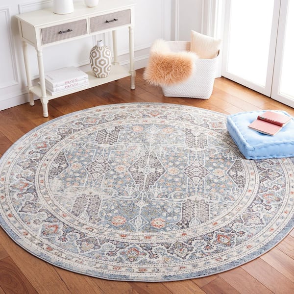History 7 ft. x 7 ft. Gray/Light Blue Ornate Border Round Area Rug