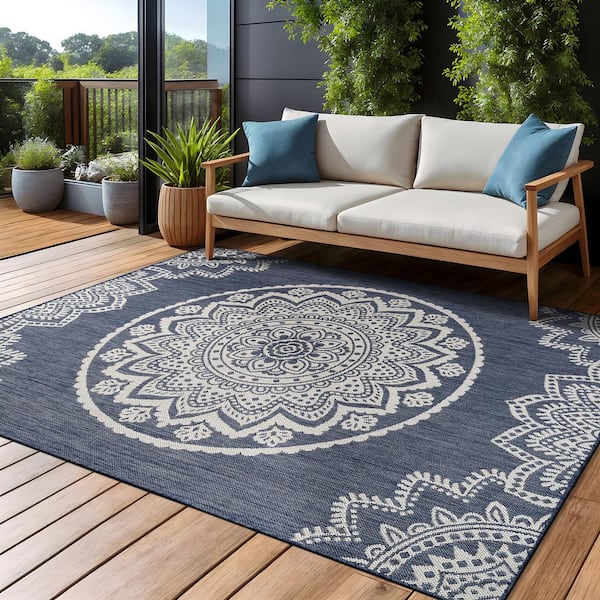 Blue 5 ft. x 7 ft. Waikiki Insignia Modern Indoor Outdoor Area Rug