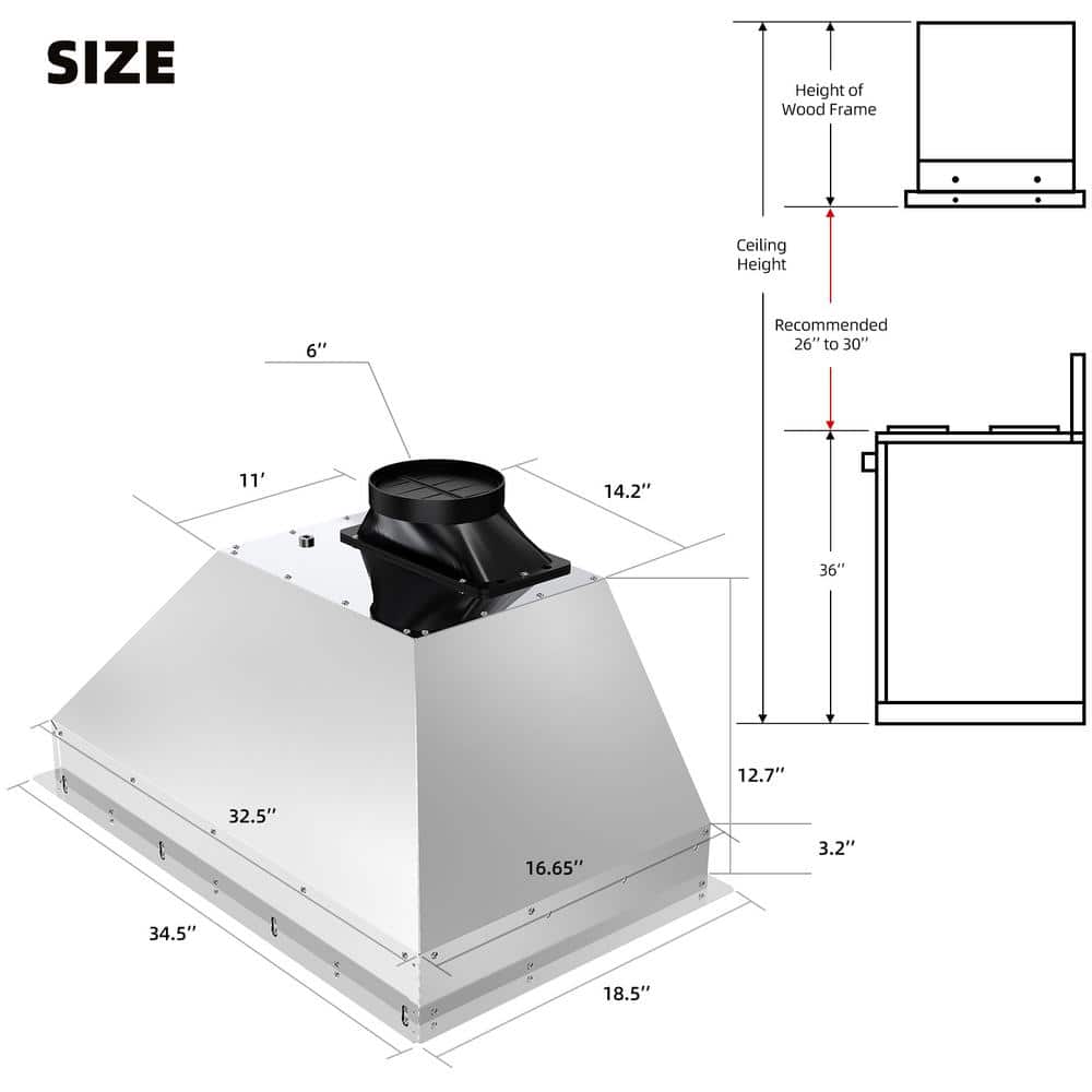 BRANO 36" Stainless Steel Convertible Insert Range Hood with LED Lights