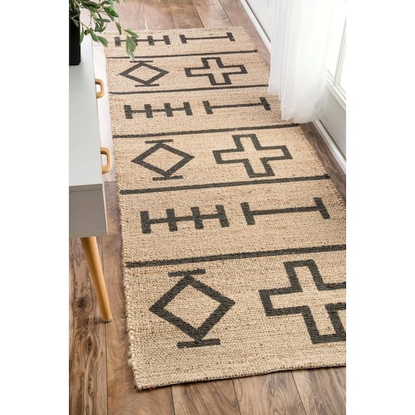 Barry Tribal Symbols Jute Natural 3 ft. x 8 ft. Runner Rug