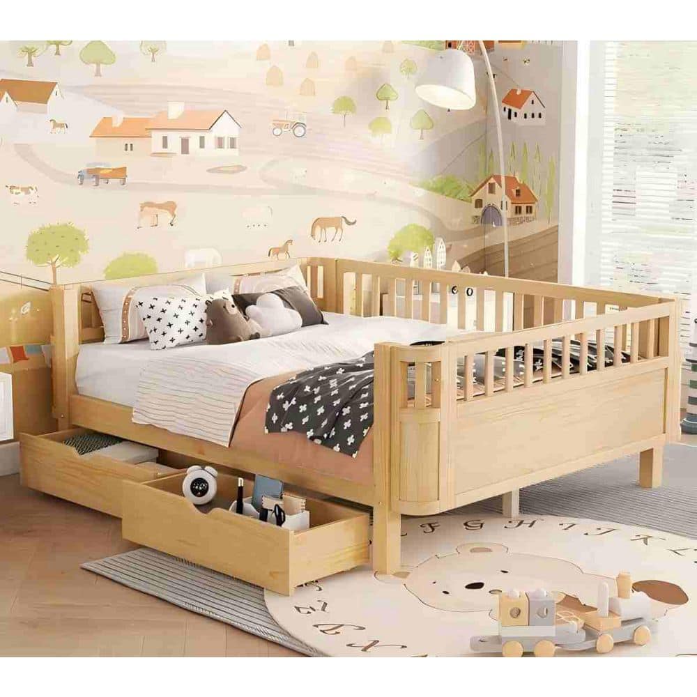 Low Profile Natural Brown Wood Frame Full Kids Platform Bed with 2 Storage Drawers and Safety Rails