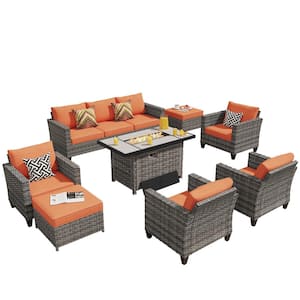 Milan Gray 8-Piece Wicker Outdoor Patio Rectangular Fire Pit Seating Sofa Set and with Orange Red Cushions