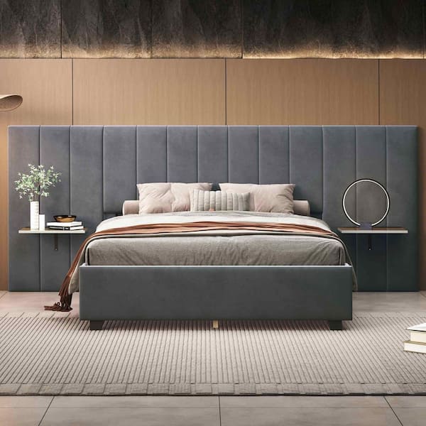 Polibi Gray Wood Frame Queen Size Platform Bed with Big Headboard