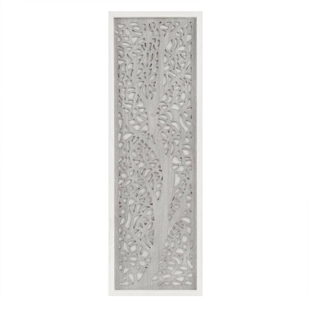 Gray Botanical Carved Wood Wall Decor Panel with Whitewashed Frame