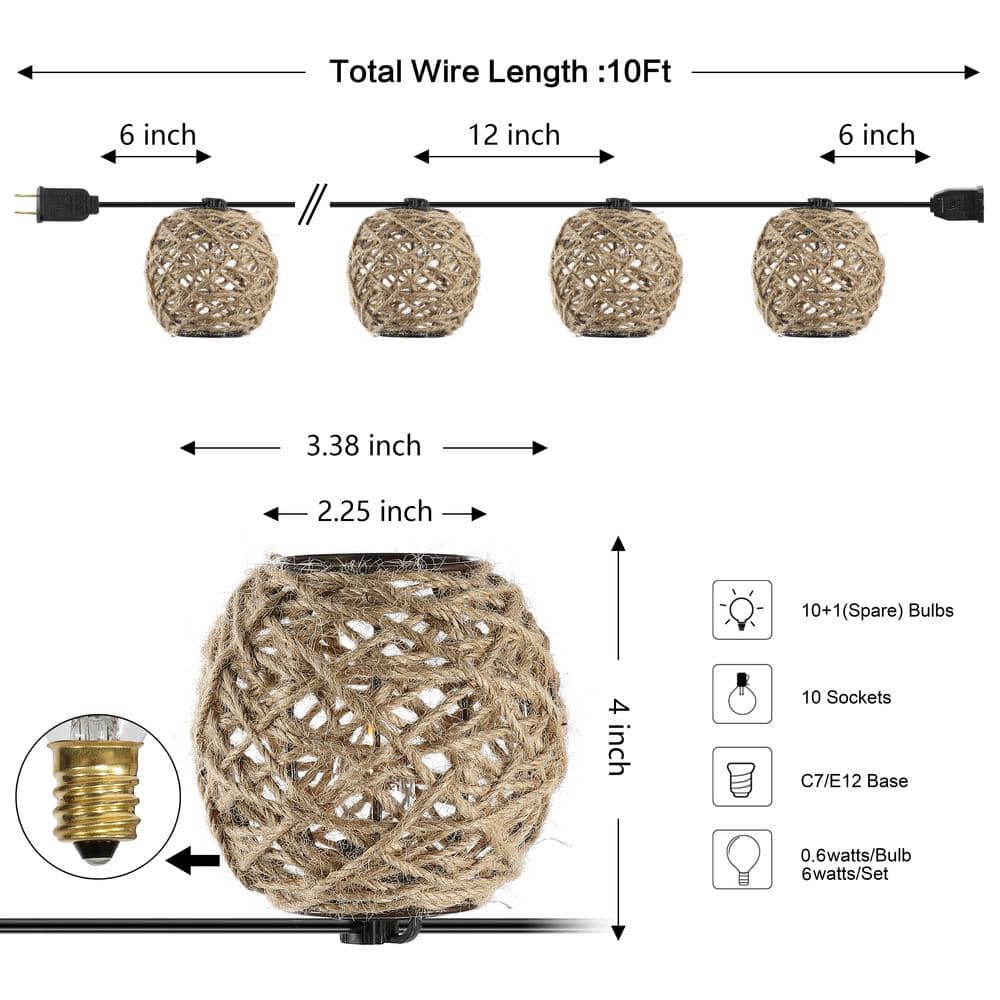 Oahu 10-Light Light Brown Hemp Rope LED Outdoor String Lights