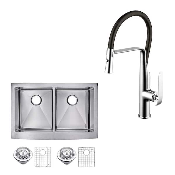 Water Creation All-in-One Farmhouse Apron Front Stainless Steel 33 in. 50/50 Double Bowl Kitchen Sink with Faucet in Chrome Sink Kit