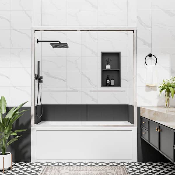 56-60 in. W x 58 in. H Double Sliding Framed Tub Door in Brushed Nickel with Clear Tempered Glass