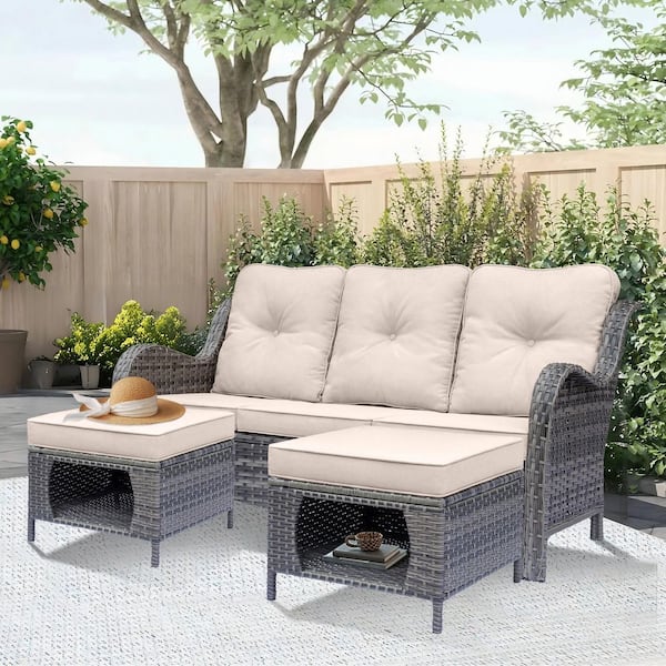DWIOM Gray 3-Piece Wicker Outdoor Patio Conversation Seating Sofa Set Couch Ottoman with Beige Cushions