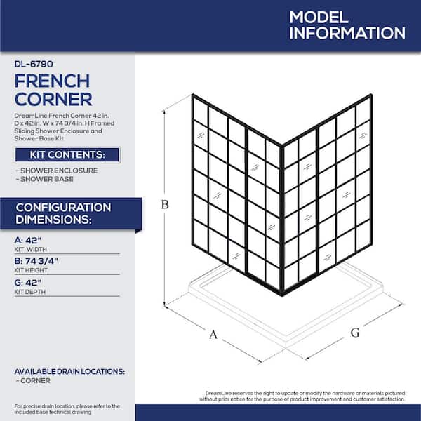 French 42 in. x 72 in. Corner Sliding Semi Frameless Shower Pan Door in Matte Black with Base in Black