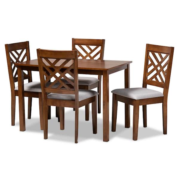 Baxton Studio Caron 5-Piece Grey Upholstered Walnut Brown Wood Dining Set