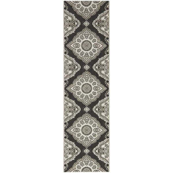 Oak Hill Black Runner 2 ft. x 7 ft. Medallion Indoor/Outdoor Area Rug