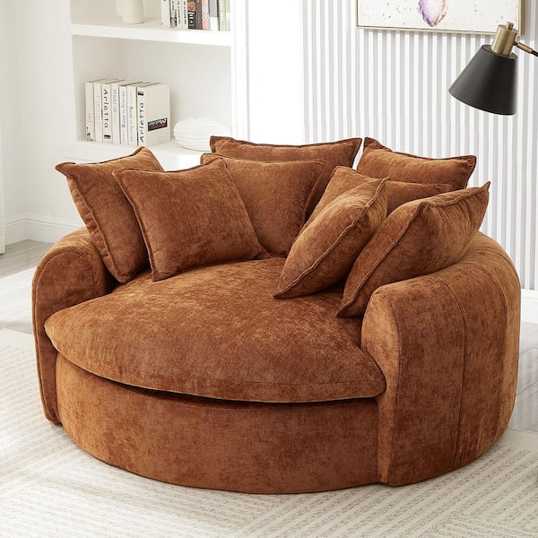 59.8 in. Rolled Arms Chenille Round Full-Compressed Sofa in Orange with 8 Throw Pillows