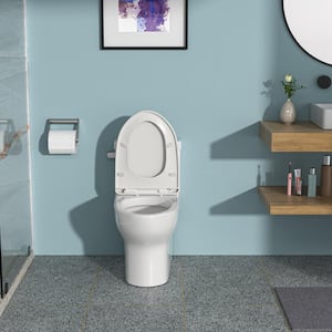 12 in. 1-Piece 1.28/1.6 GPF Single Flush Elongated Toilet in White-6 with Slow-Drop Cover and Lateral Press