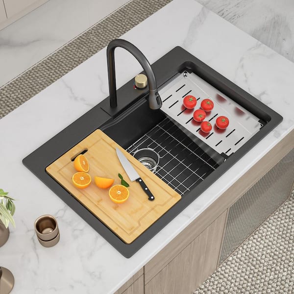 33 in. Drop-In Topmount Sink Single Bowl Black Granite/Quartz Composite Workstation Kitchen Sink with Pull Down Facuet