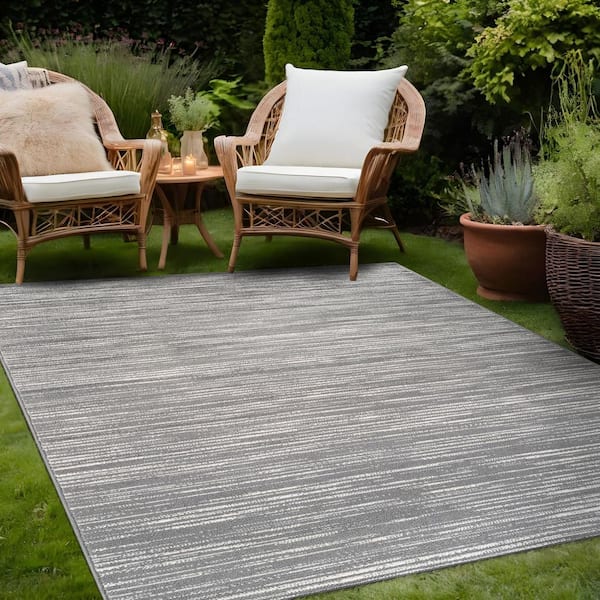 Linea Gray 5 ft. x 7 ft. Rubber Back Washable Modern Striped Indoor Outdoor Patio Area Rug