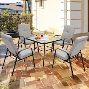 6-Piece Metal Outdoor Dining Set 4 Stackable Chairs Square Glass Table with Beige Cushions Umbrella