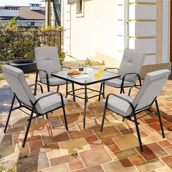 6-Piece Metal Outdoor Dining (Set 4) Stackable Chairs Square Glass Table with Gray Cushions plus Beige Umbrella
