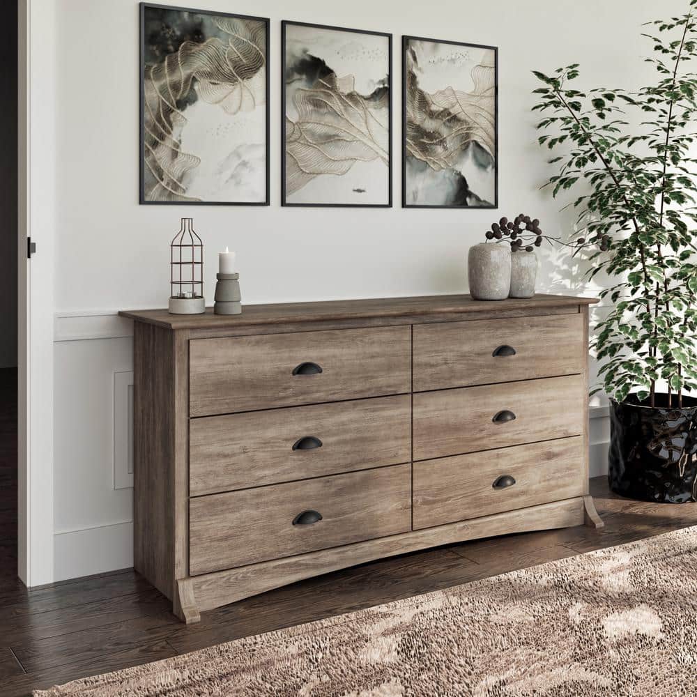 Drifted Gray Coastal Double Dresser with Six Drawers