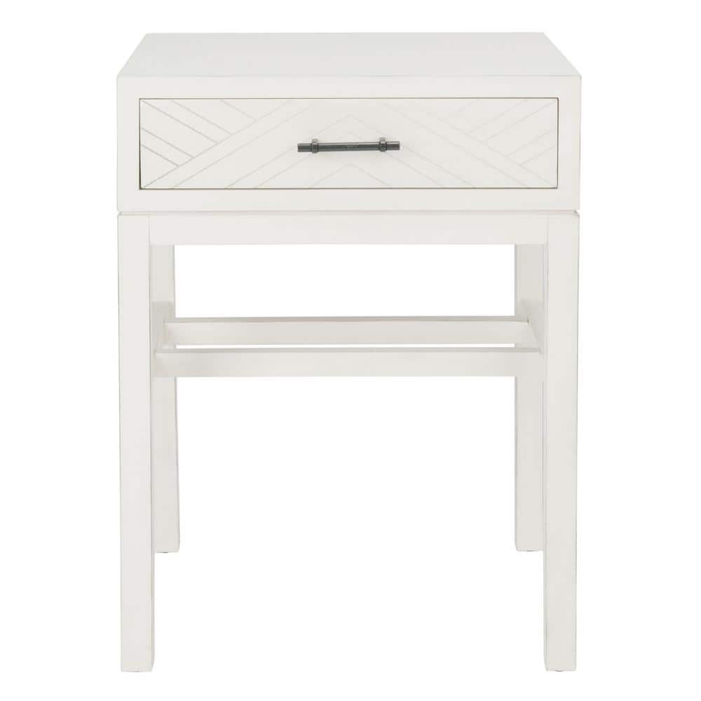 Chevron-Inspired Distressed White Wood & Metal Accent Table with Storage