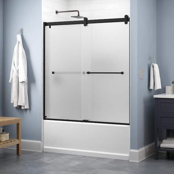 Delta Lyndall Contemporary 50-1/8 to 58-1/2 in. W x 58-3/4 in. H Frameless Sliding Tub Door, Matte Black, Frosted Glass