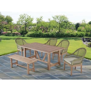 Richard Rustic Light Oak 6-Piece Acacia Wood Rectangle Standard Height Outdoor Dining Set with 4 Cushion Chair &1 Bench.