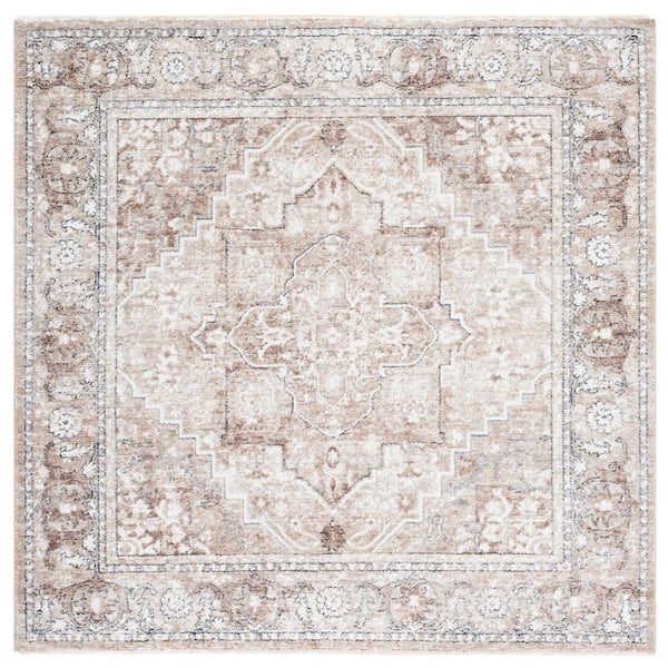 Jasmine 5 ft. x 5 ft. Ivory/Beige Distressed Ornate Square Area Rug