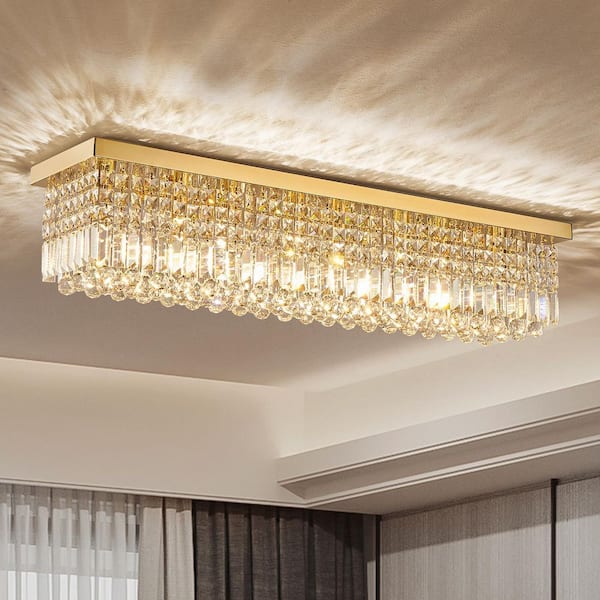 Pacific Core 40 in. 8-Light Gold Rectangle Flush Mount with K9 Clear Crystal Shade and No Bulbs Included