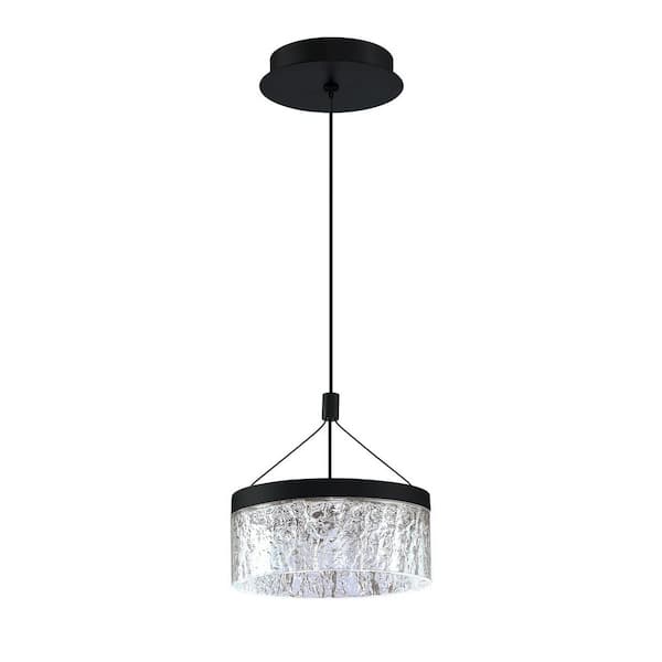 Kendal Lighting Arctic Ice 1-Light Black, Clear Drum Integrated LED Pendant Light with Clear Acrylic Shade