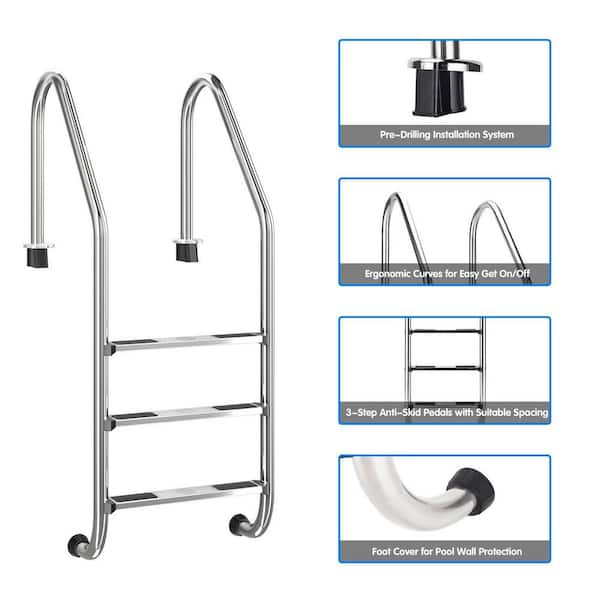 3 Step Swimming Pool Ladder In Ground Stainless Steel Non Slip 